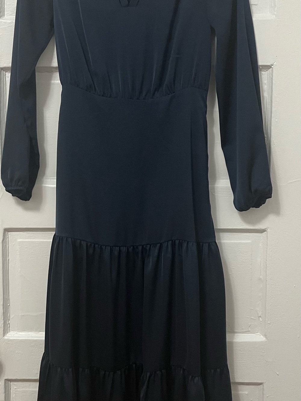 Satin Navy Long-Sleeve Tiered Maxi Dress